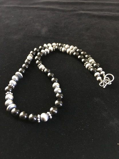 Mens Black Onyx Navajo Sterling Silver Bead Necklace 1743