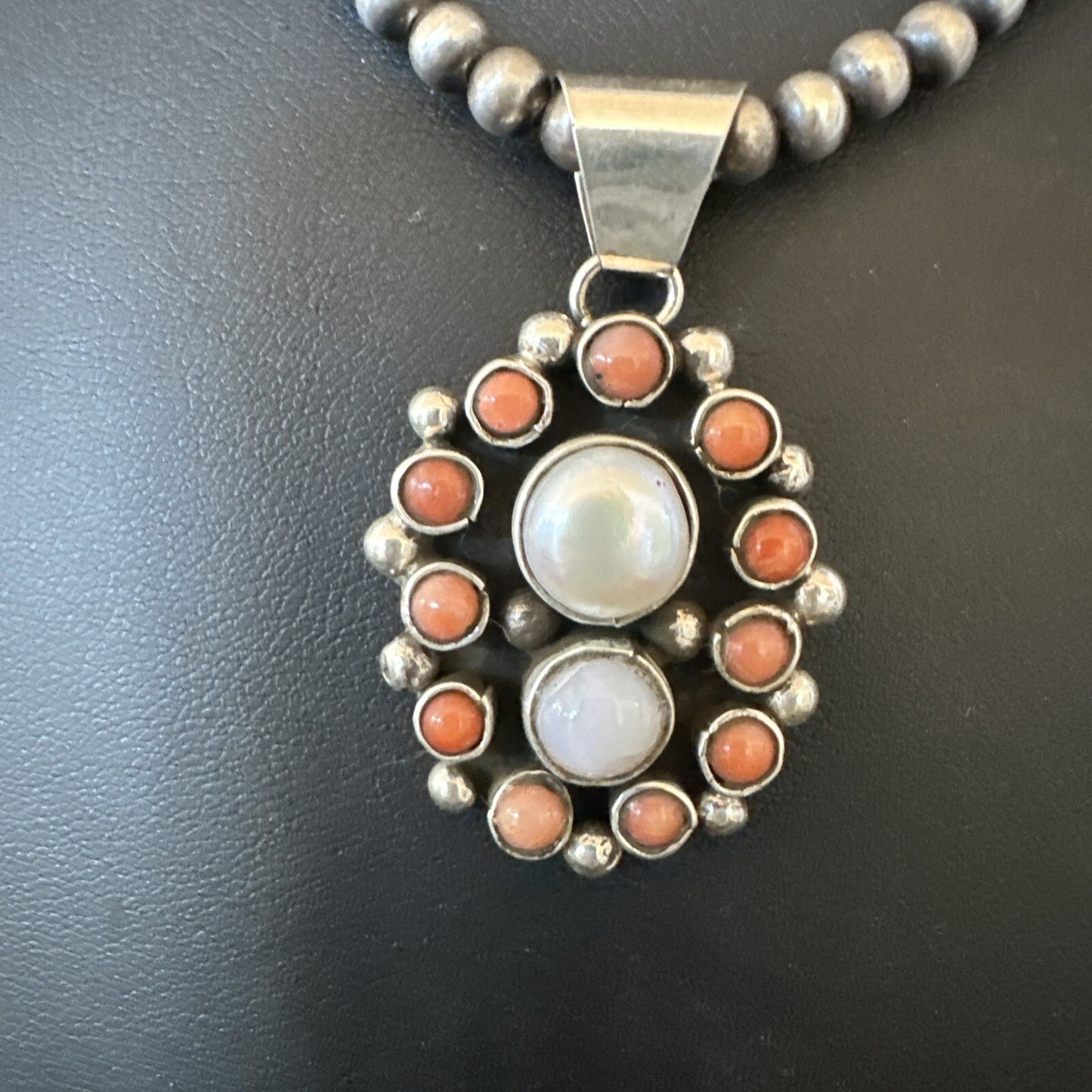 Pink Coral White Pearl Navajo Sterling Silver Cluster Pendant 1.5” 18402