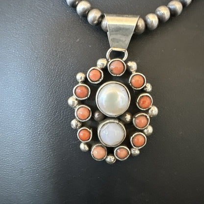 Pink Coral White Pearl Navajo Sterling Silver Cluster Pendant 1.5” 18402