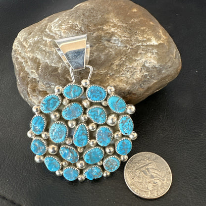 Cluster Kingman Turquoise Navajo Sterling Silver Necklace Pendant 2.75” 19087