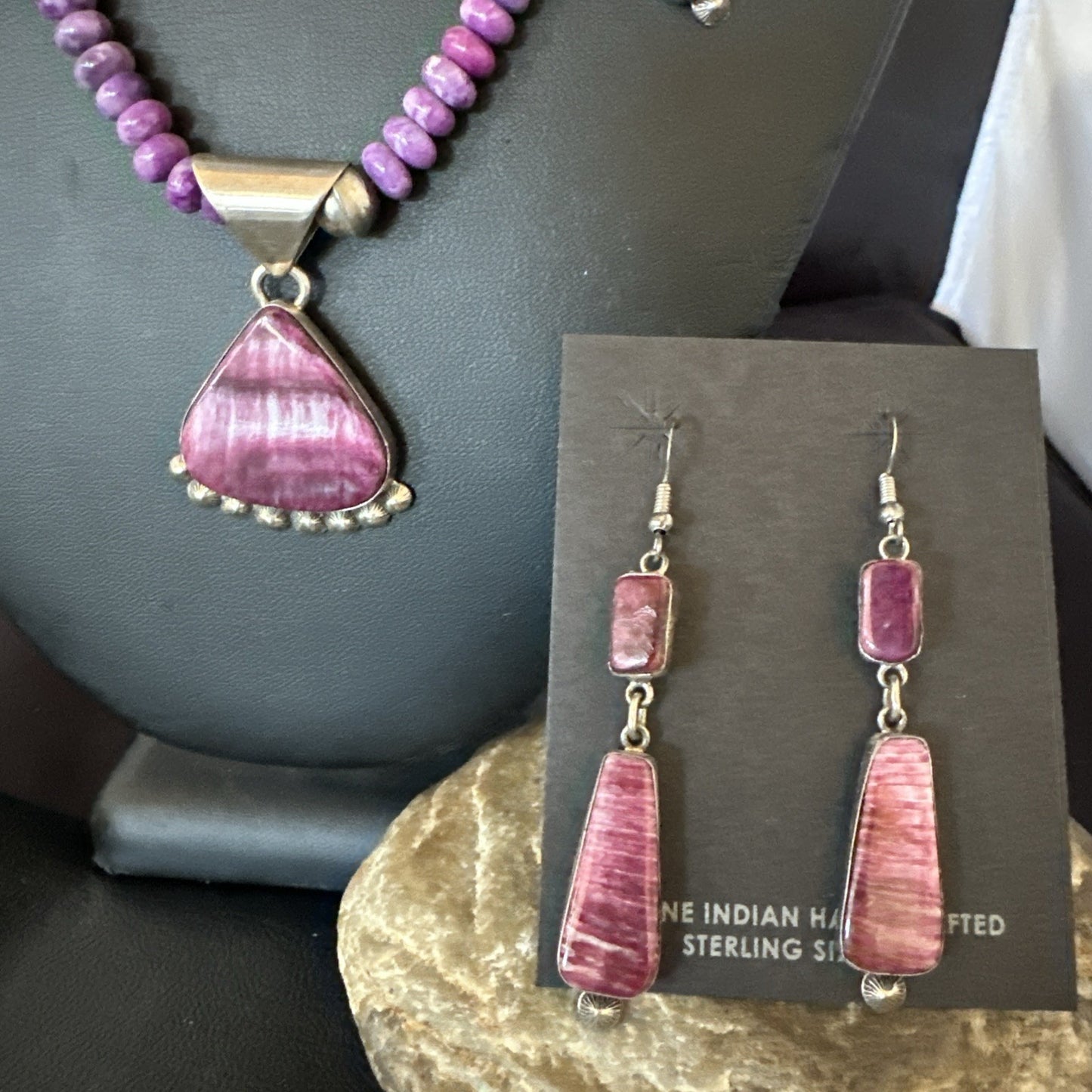 Purple Stone Spiny Oyster Sterling Silver Necklace Earrings 20” 19088 J B
