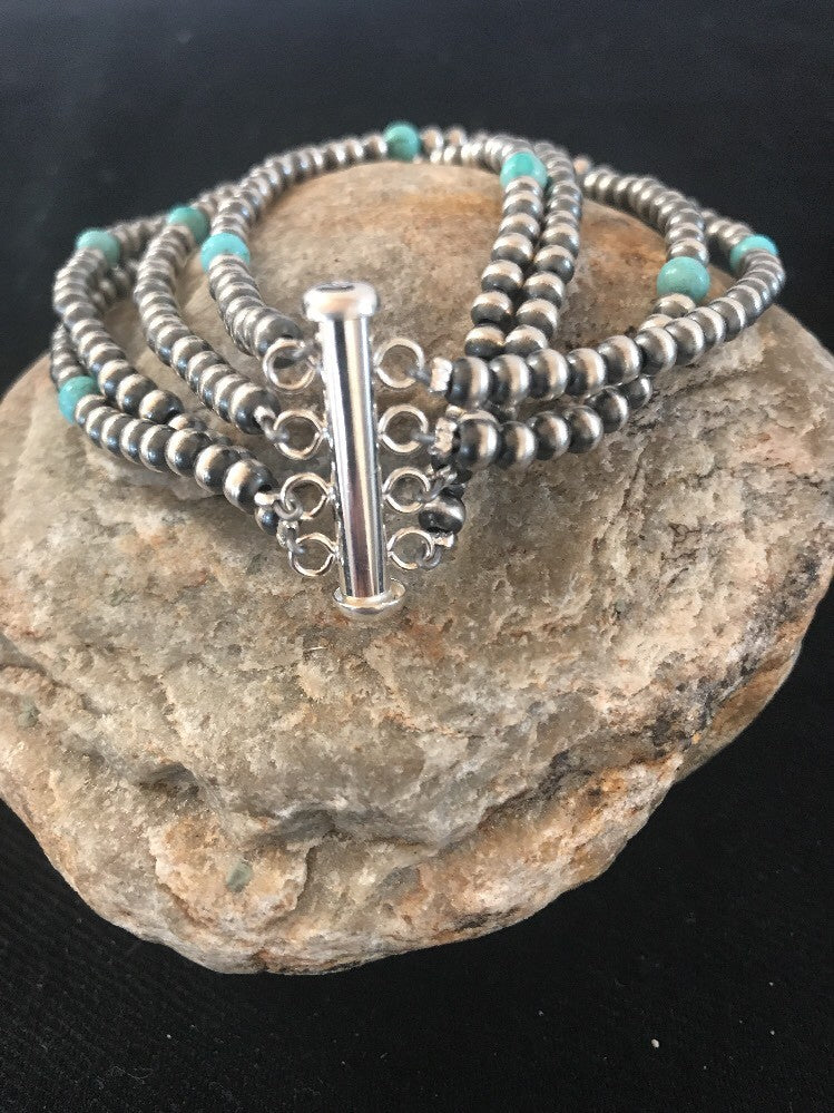 Native American Sterling Silver Beads Blue Turquoise Bracelet 4 Strand