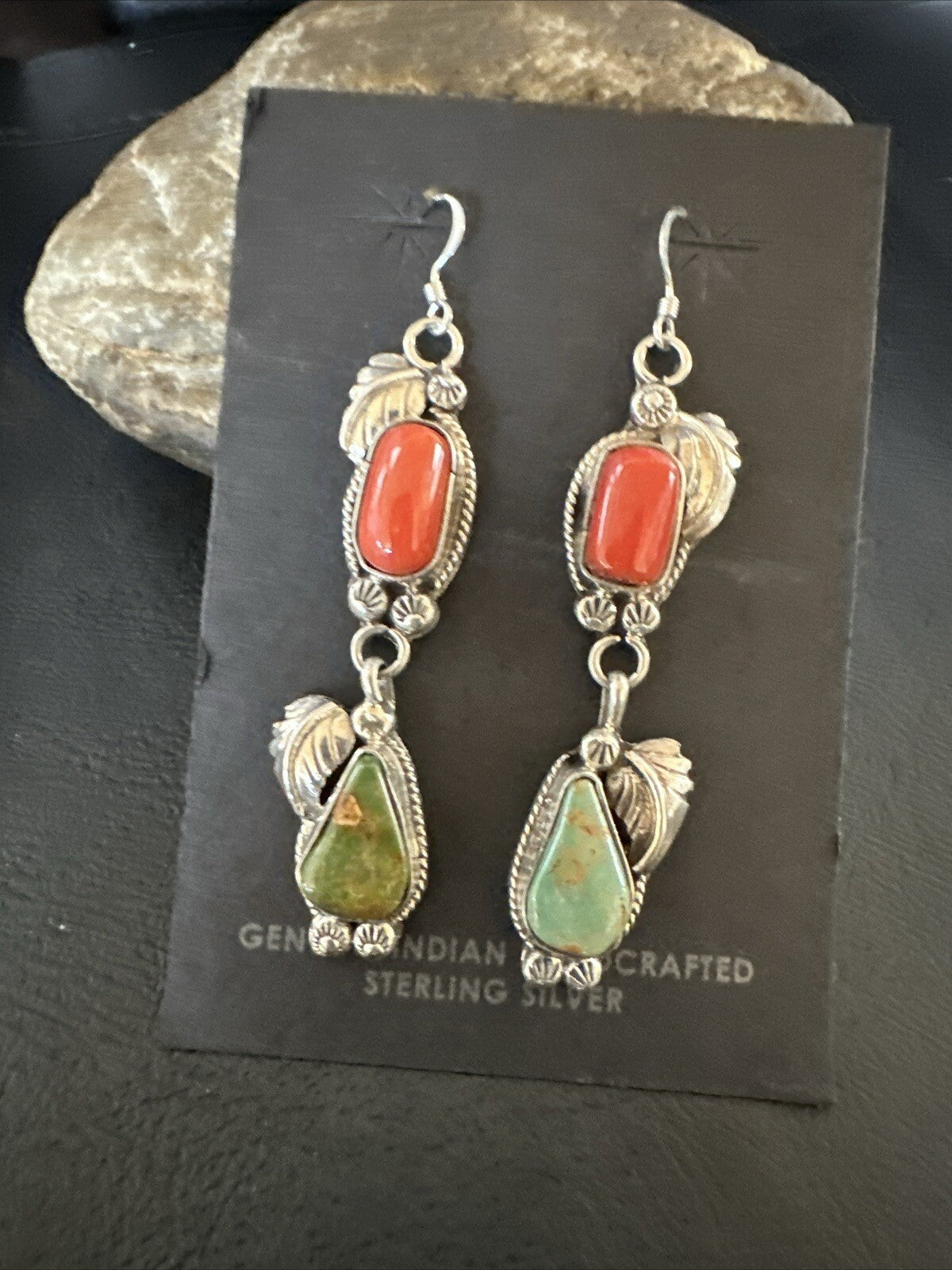 Green Royston Turquoise Red Coral Navajo Sterling Silver Dangle Earrings 1634