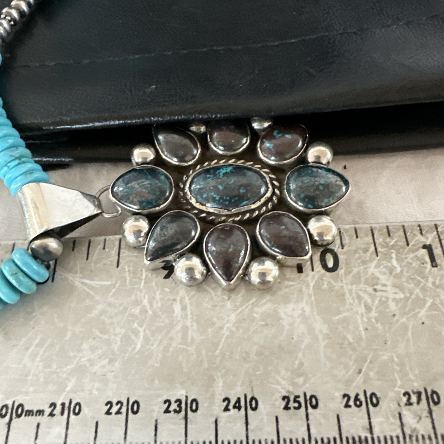 Blue Turquoise Navajo Sterling Silver Cluster Round Pendant Necklace 2”19660
