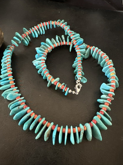 Blue Turquoise Red Spiny Oyster Navajo Pearls Sterling Silver Necklace 21" 19318