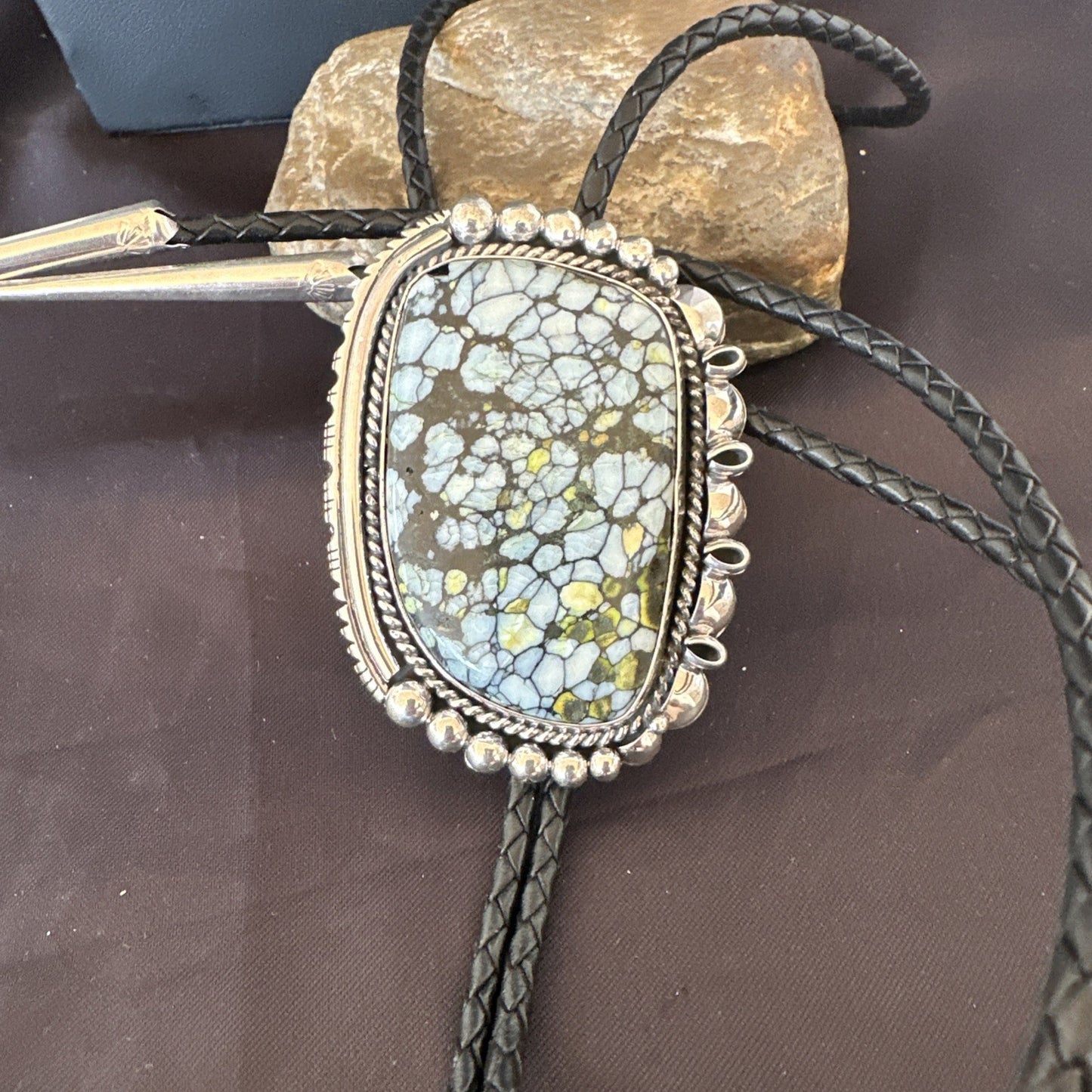 Mens BOLO TIE WHITE BUFFALO TURQUOISE Sterling Silver Navajo 2.7”19595