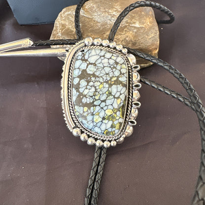 Mens BOLO TIE WHITE BUFFALO TURQUOISE Sterling Silver Navajo 2.7”19595