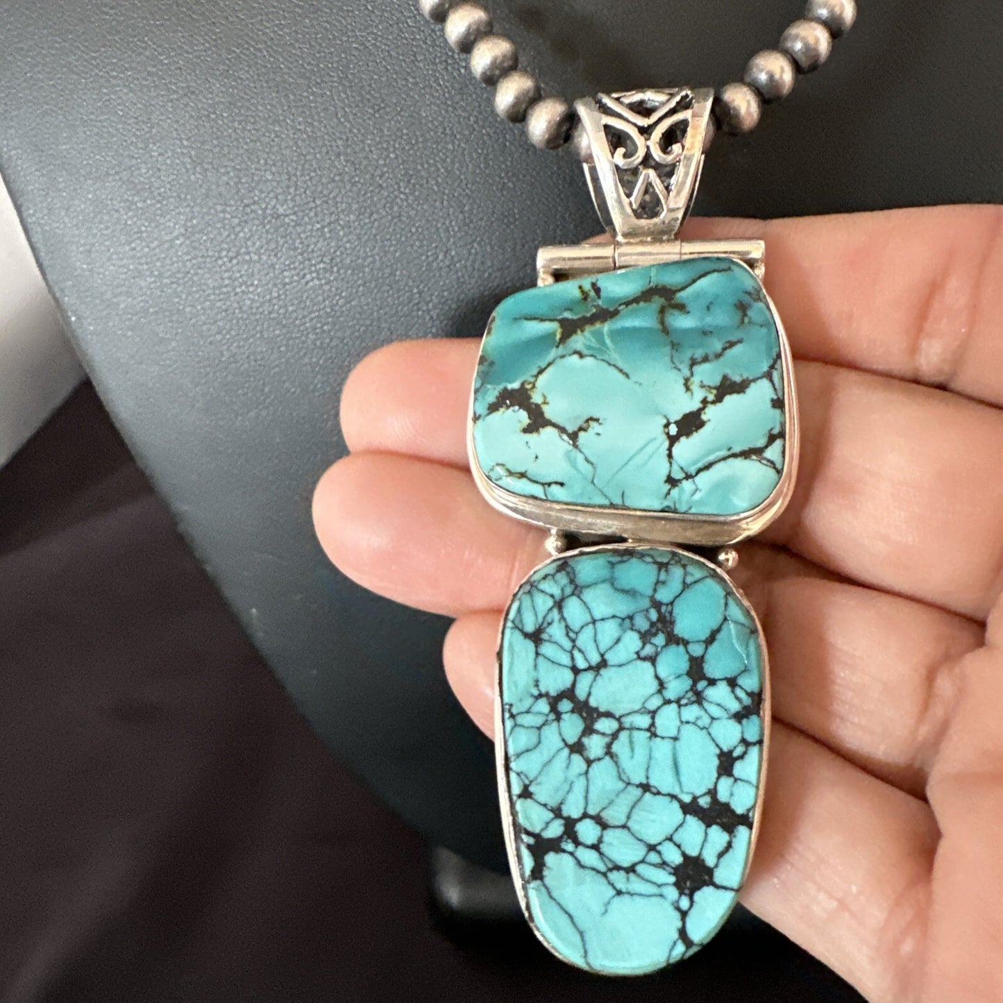 Blue Spiderweb Turquoise Pendant Navajo Pearls Sterling Silver Necklace 16008