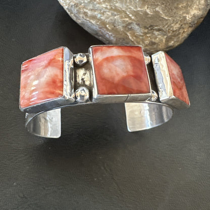 Red Spiny 3 Stone Sterling Silver Navajo Cuff Bracelet 7.7" 19488