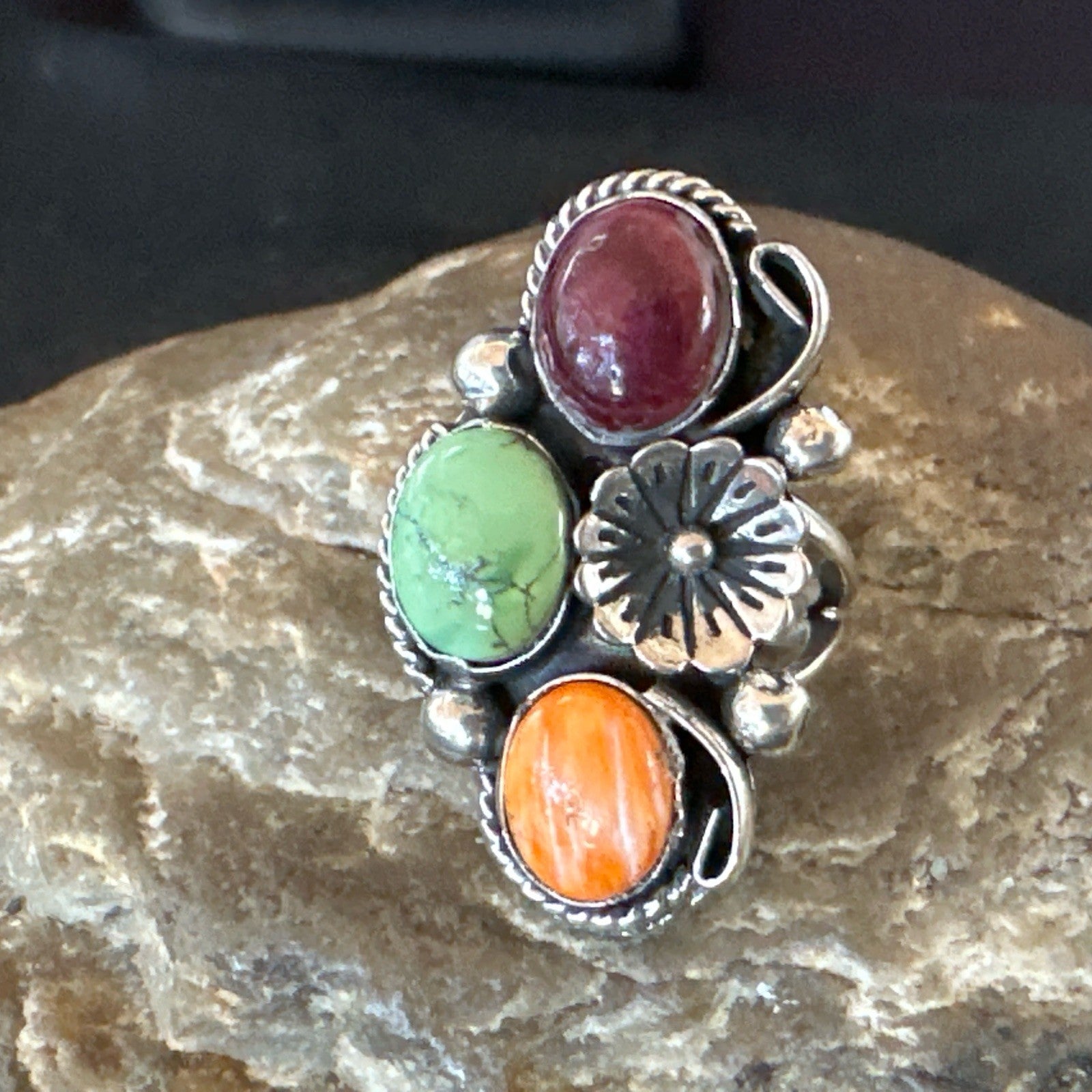 Multicolor Ring Turquoise Spiny Navajo Sterling Silver Cluster Size 7 19179