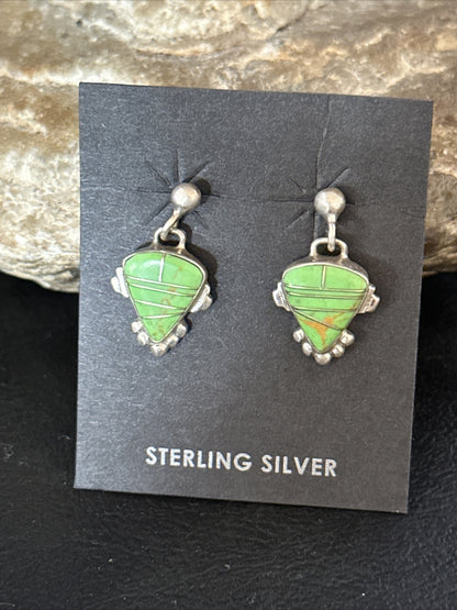 Green Gaspeite Navajo Sterling Silver Inlay 1" Earrings 14779