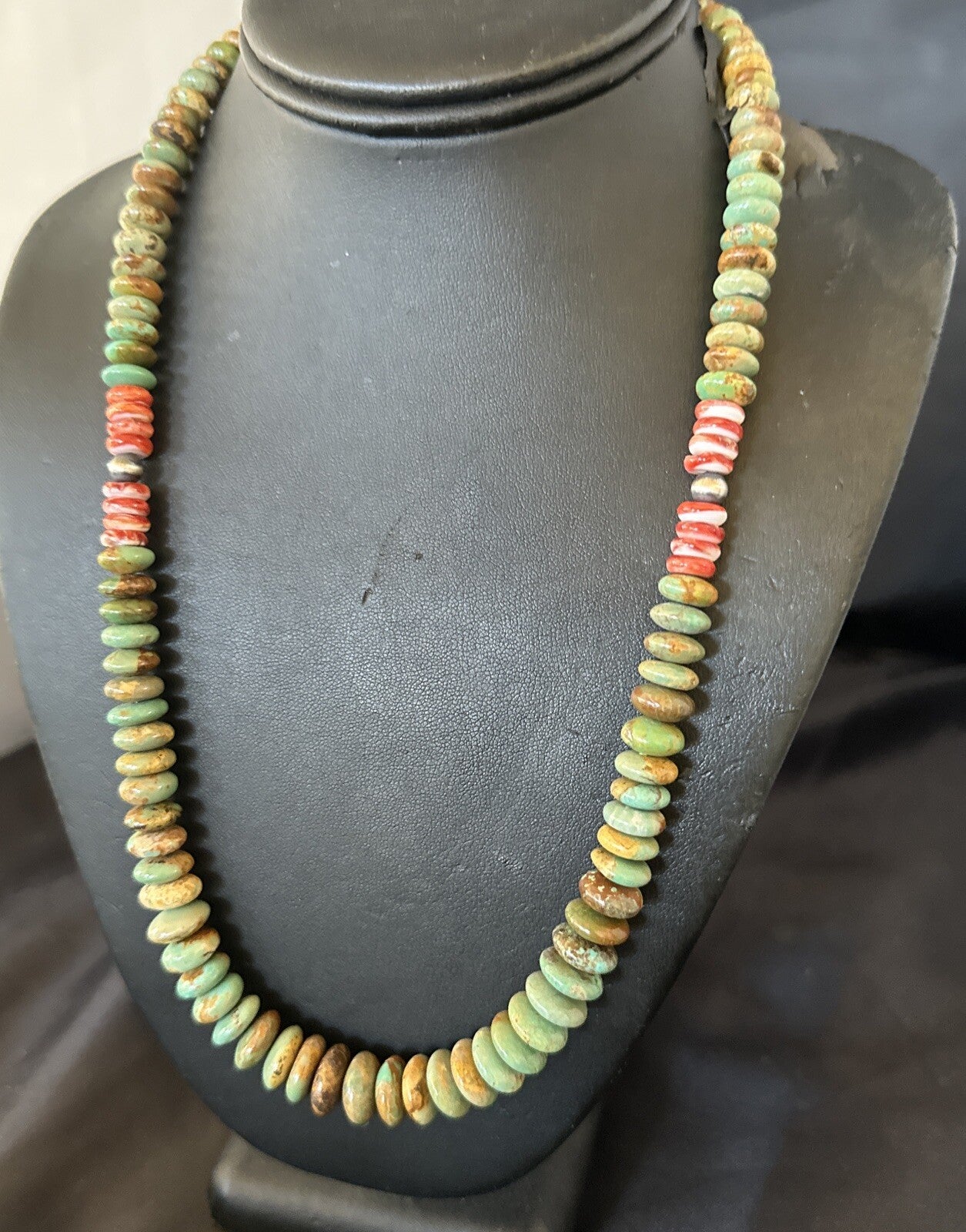 Green Turquoise Red Spiny Oyster Navajo Sterling Silver Necklace 22" 18361