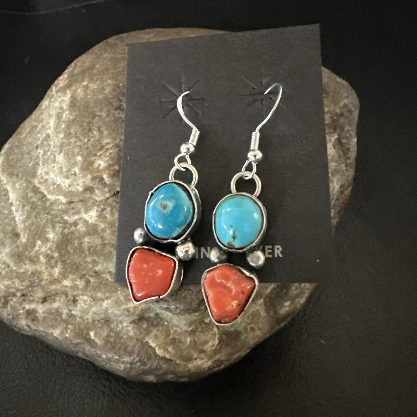 Blue Turquoise Red Coral Sterling Silver Navajo Dangle Earrings 18843