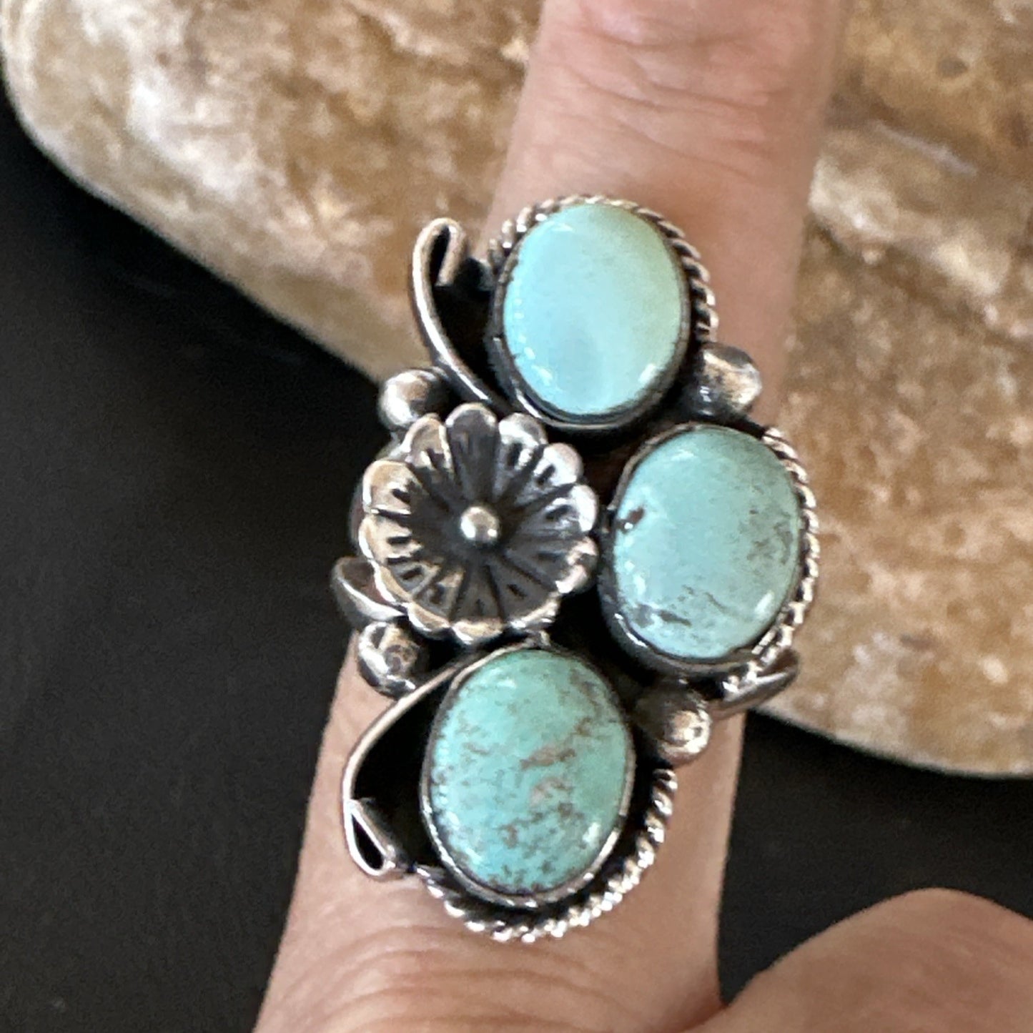 Yazzie Ring Blue Turquoise Navajo Sterling Silver Cluster Size 10 19218