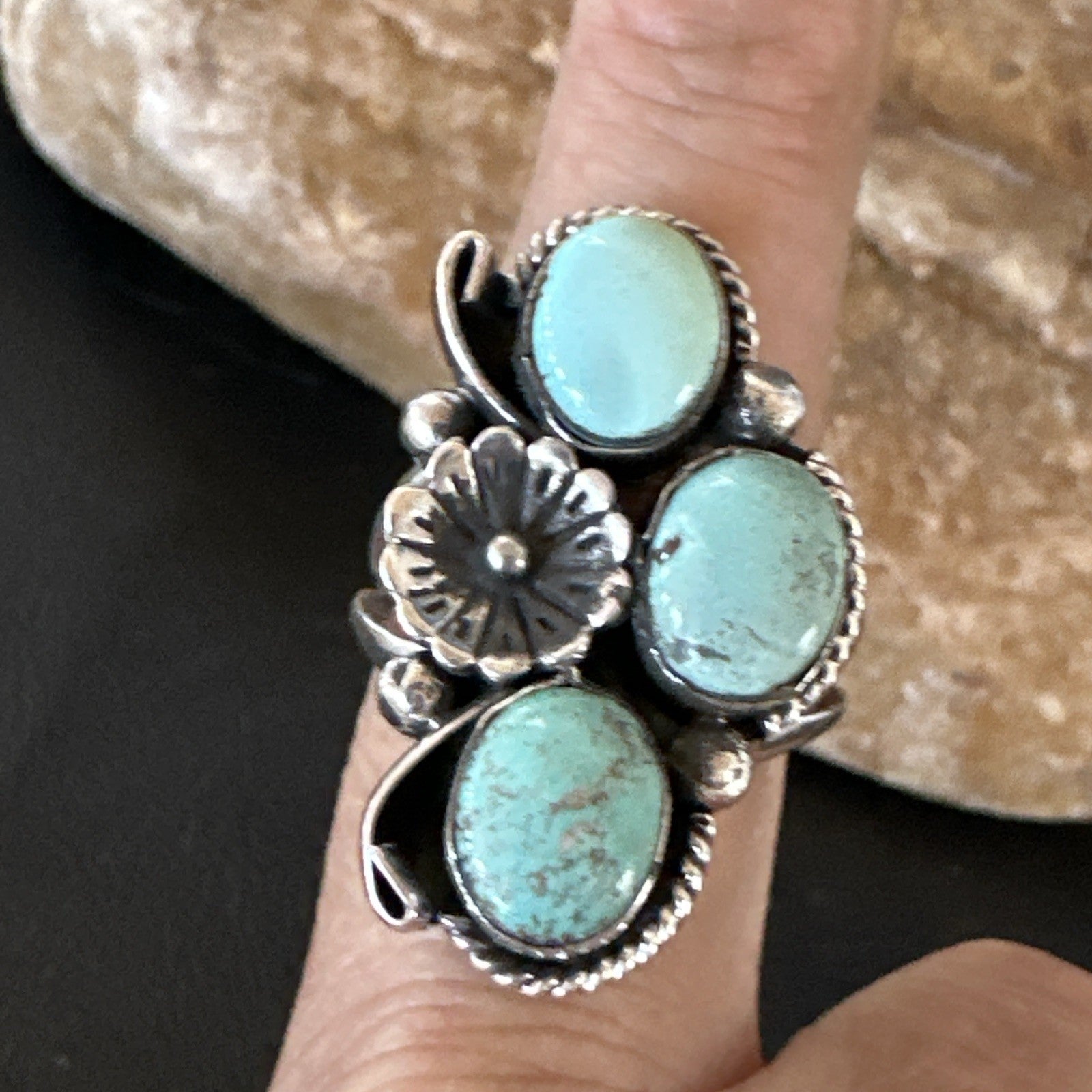 Yazzie Ring Blue Turquoise Navajo Sterling Silver Cluster Size 10 19218