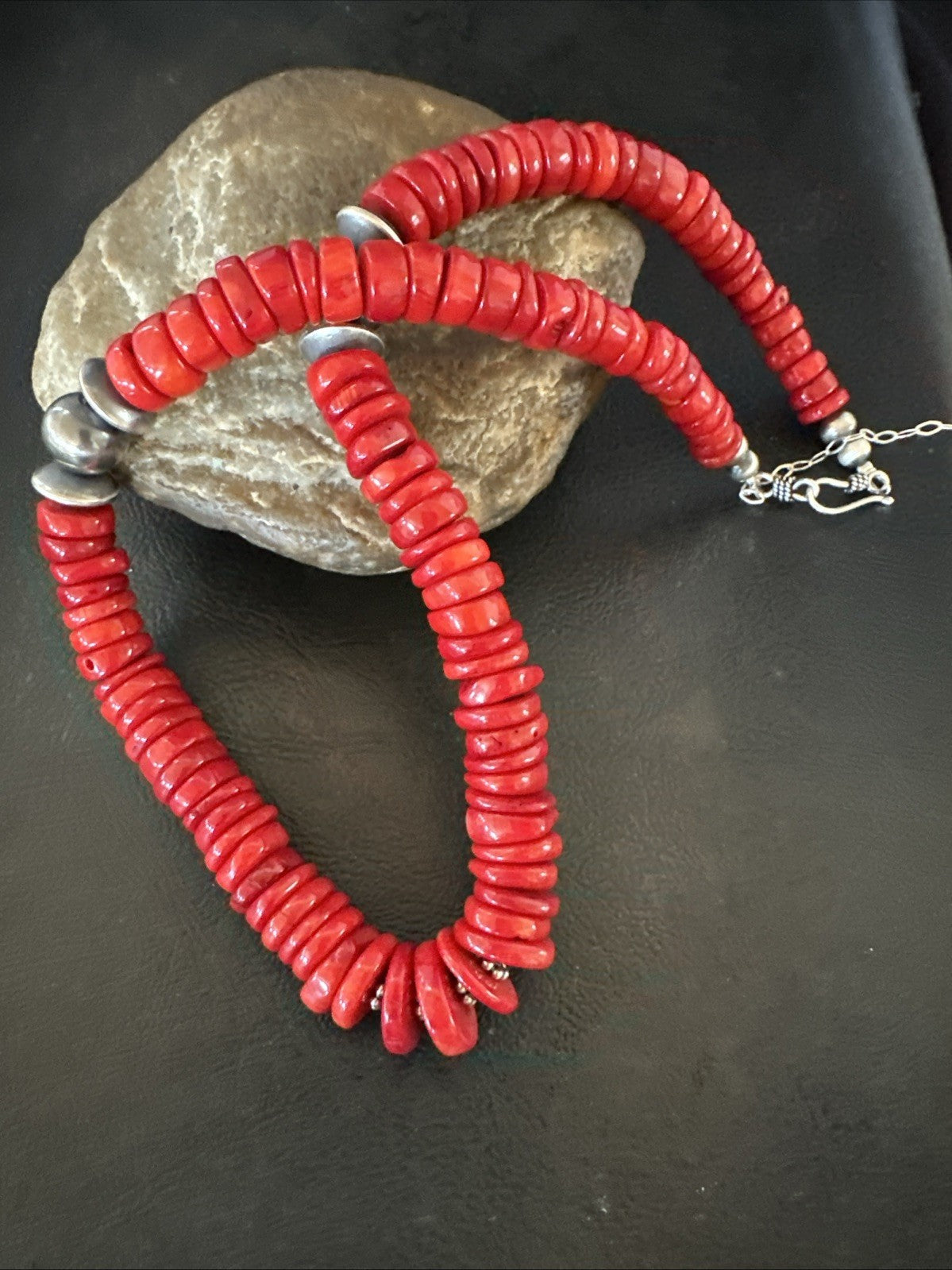 Red Bamboo Coral Navajo Sterling Silver Bead Necklace 19" 19227