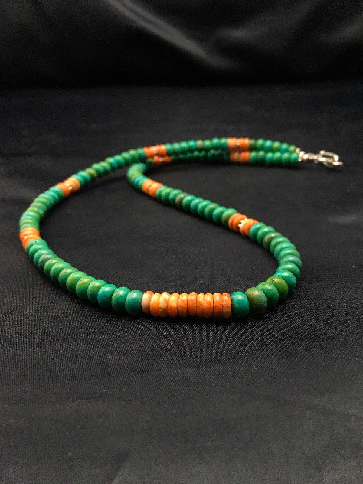 Green Turquoise & Spiny Oyster Navajo Sterling Silver Necklace 19" 04488