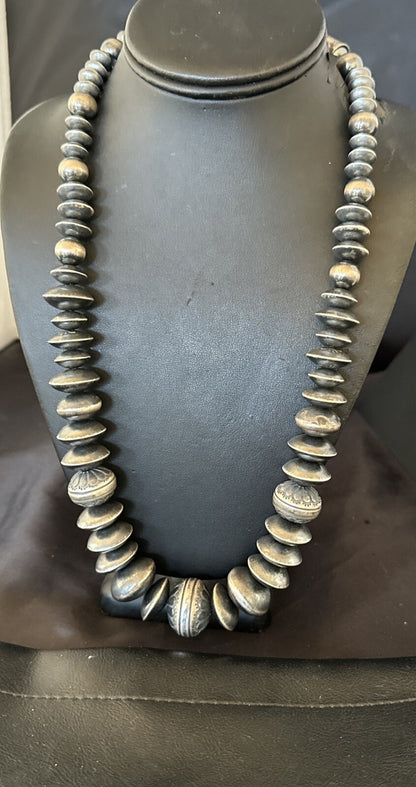 Handmade Bench Navajo Pearls Sterling Silver Bead Necklace 25” 18176