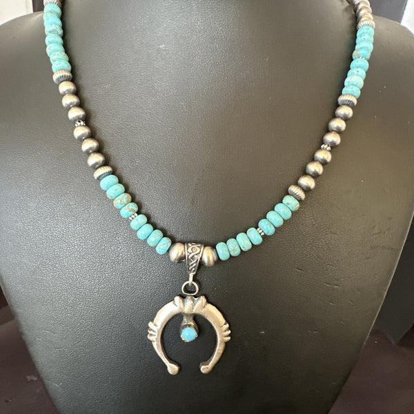 Men's Blue Turquoise Naja Pendant Navajo Necklace | Sterling Silver | Authentic Native American Handmade | 16643