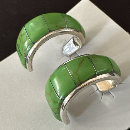Southwestern Sterling Silver Green Gaspiete Inlay Earrings 1” 16741