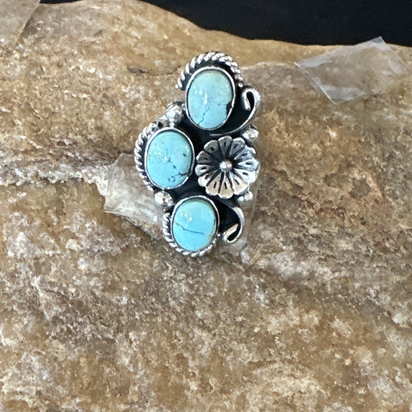 Yazzie Ring Blue Turquoise Navajo Cluster Size 8 | Sterling Silver | Authentic Native American Handmade | 19220