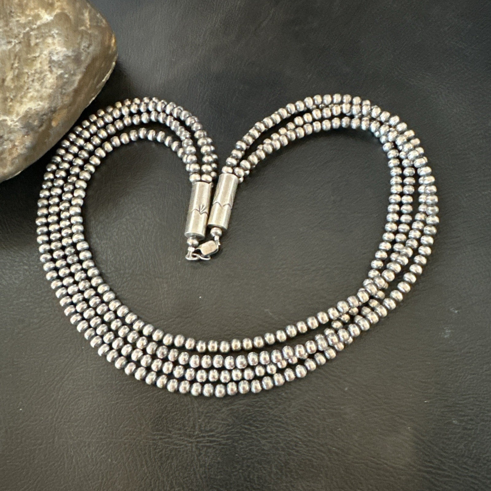 4mm Sterling Silver 4 Strand Bib 16-19”Navajo Pearls Cone Necklace 19397