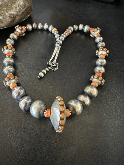 Orange Spiny Oyster Navajo Pearls Graduated Sterling Silver Necklace 23” 19446