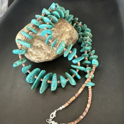 XL Navajo Kingman Turquoise Shell Heishi Sterling Silver Bead 35” Necklace 19634