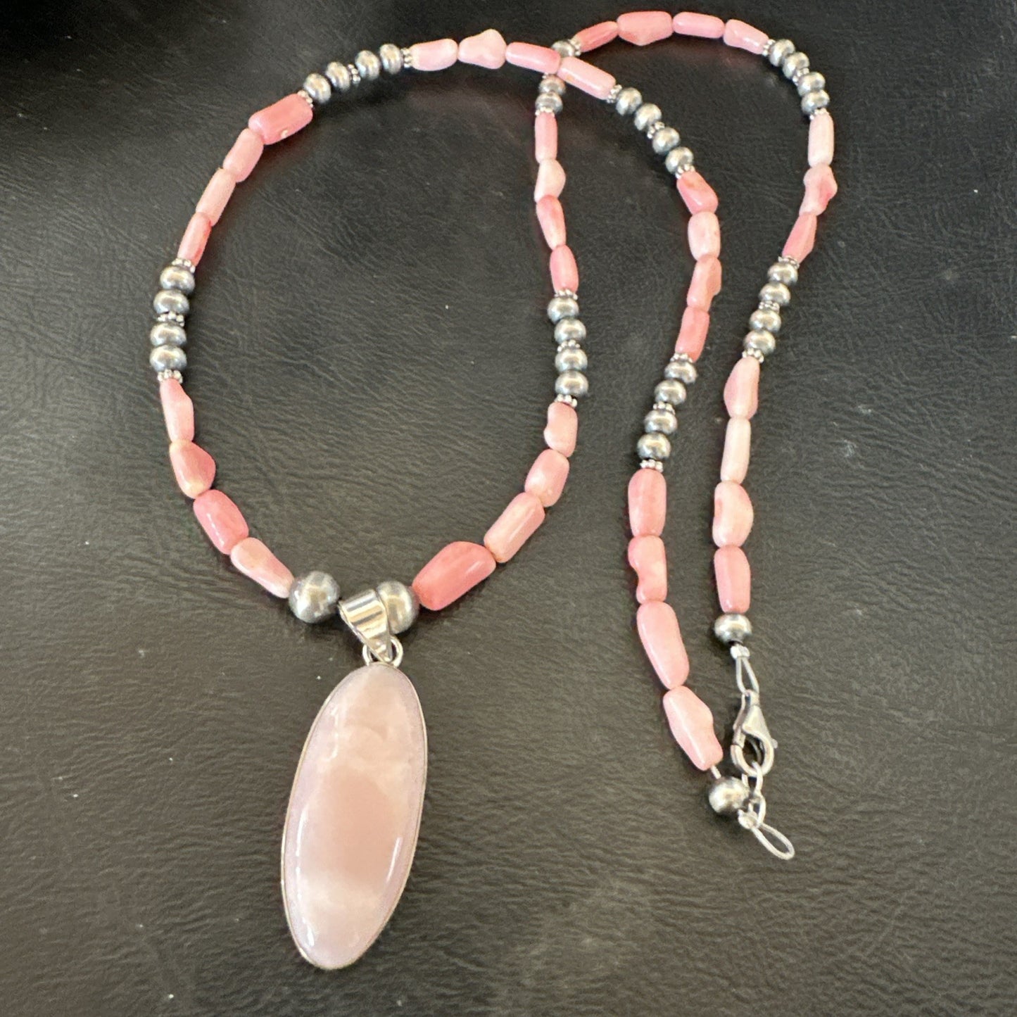 Southwestern Sterling Silver Pink Coral Bead Necklace Quartz Pendant 24" 19585