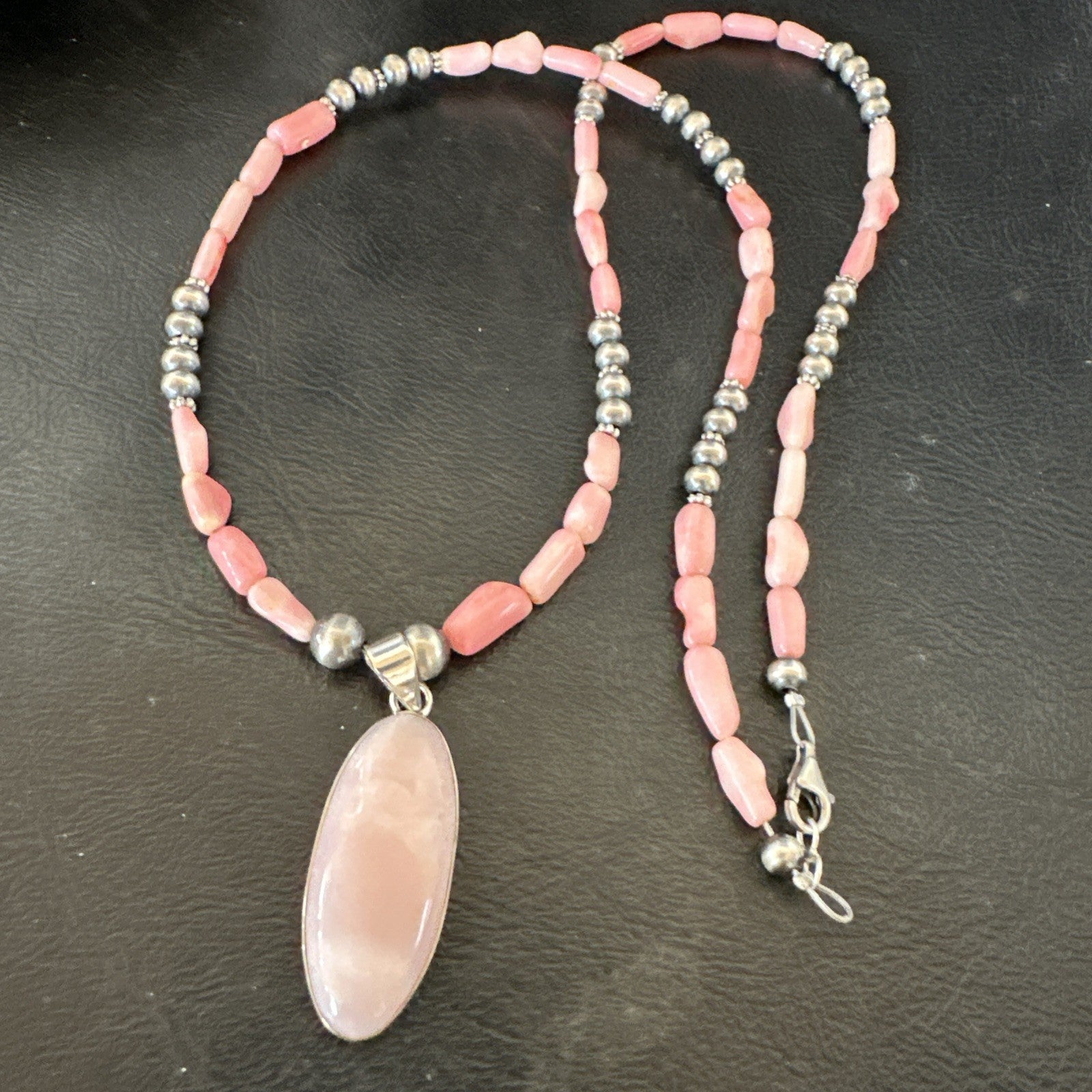 Southwestern Sterling Silver Pink Coral Bead Necklace Quartz Pendant 24" 19585