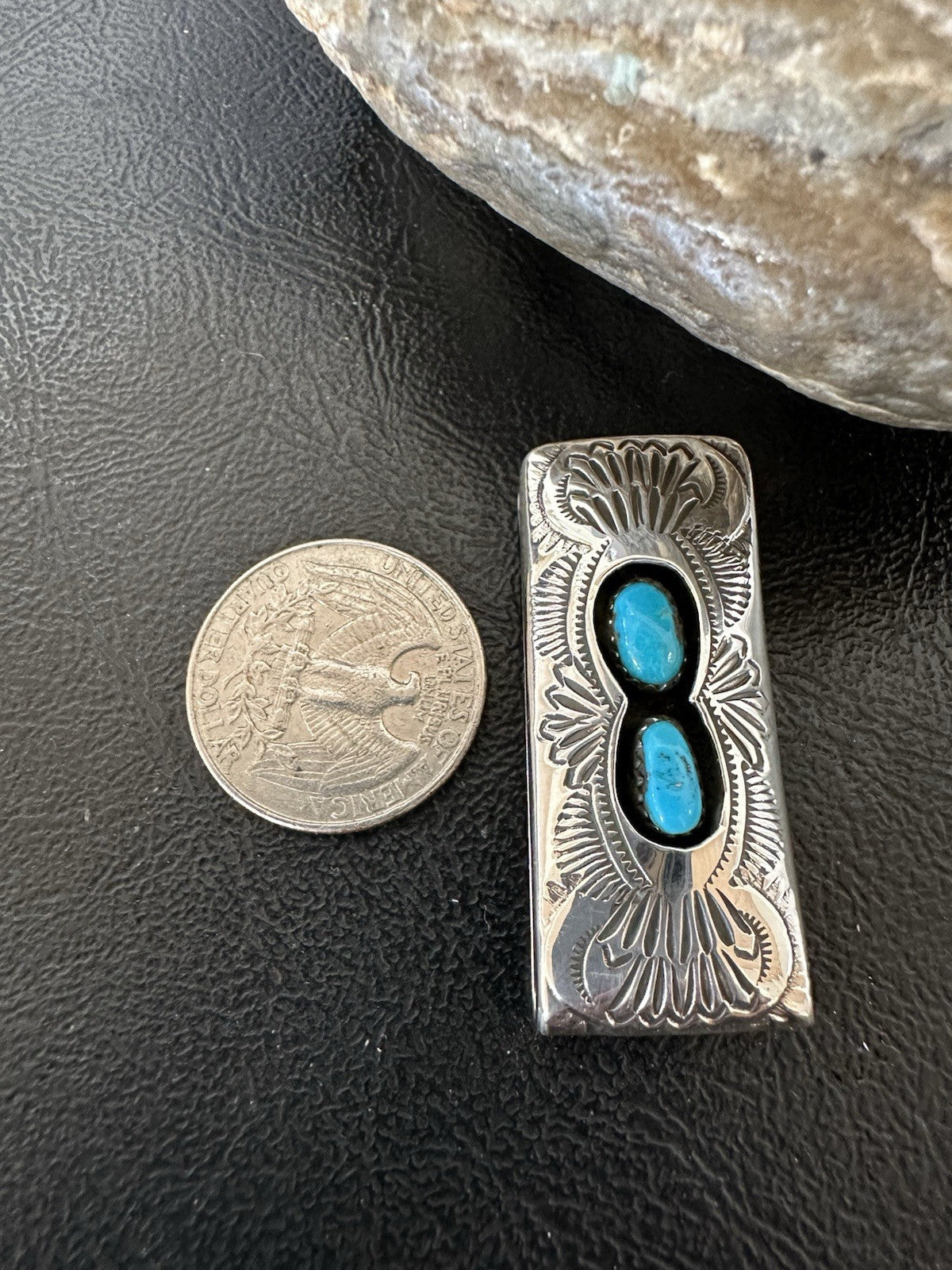 Mens Blue Turquoise Navajo Stainless Stamped Silver Money Clip 19366