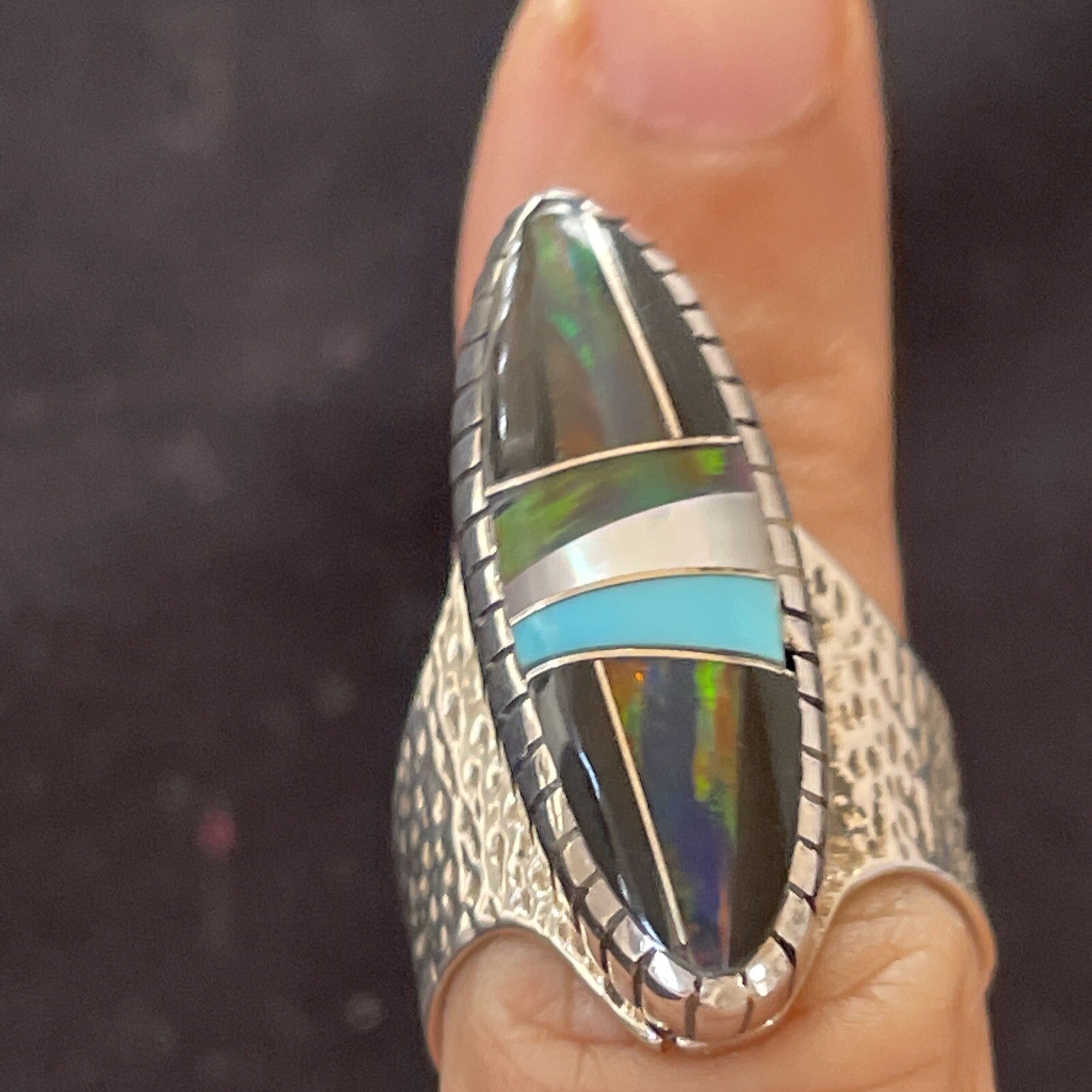 Navajo Multi-Color Opal & Turquoise Inlay Sterling Silver Ring Size 7 01584