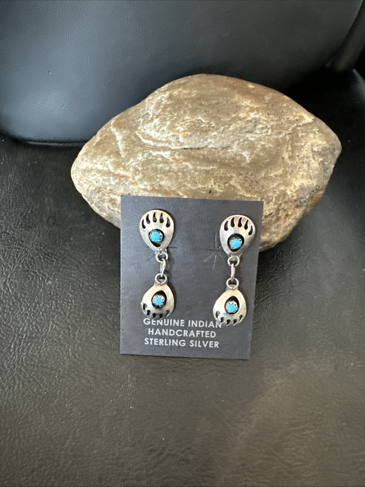 Navajo Blue Turquoise Sterling Silver Post Dangle Bear Paw Earrings 1.30" 4520