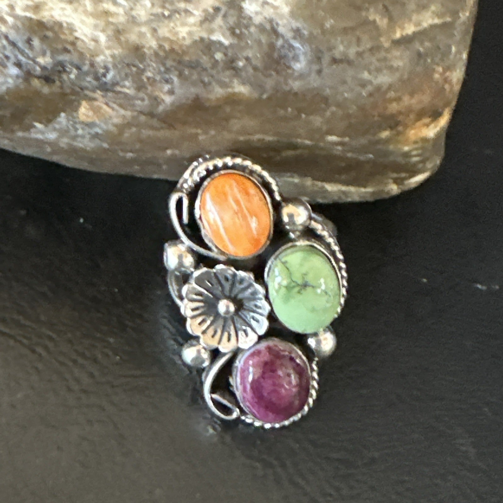 Multicolor Ring Turquoise Spiny Navajo Sterling Silver Cluster Size 7 19179