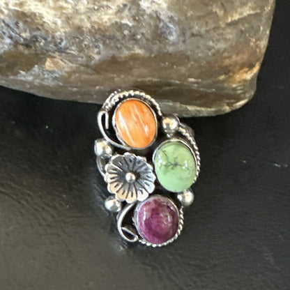 Multicolor Ring Turquoise Spiny Navajo Sterling Silver Cluster Size 7 19179