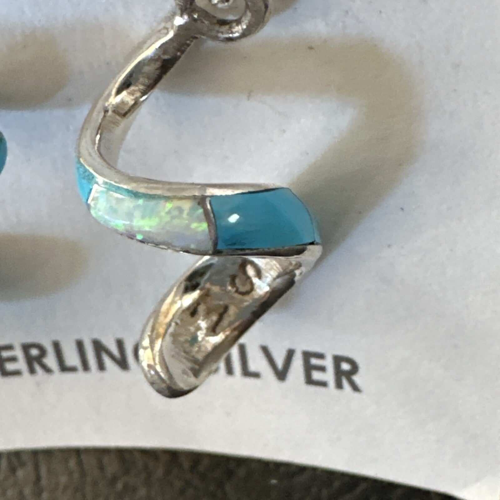 Blue Turquoise Opal Inlay Swirl Navajo Sterling Earrings 1.25" 18751