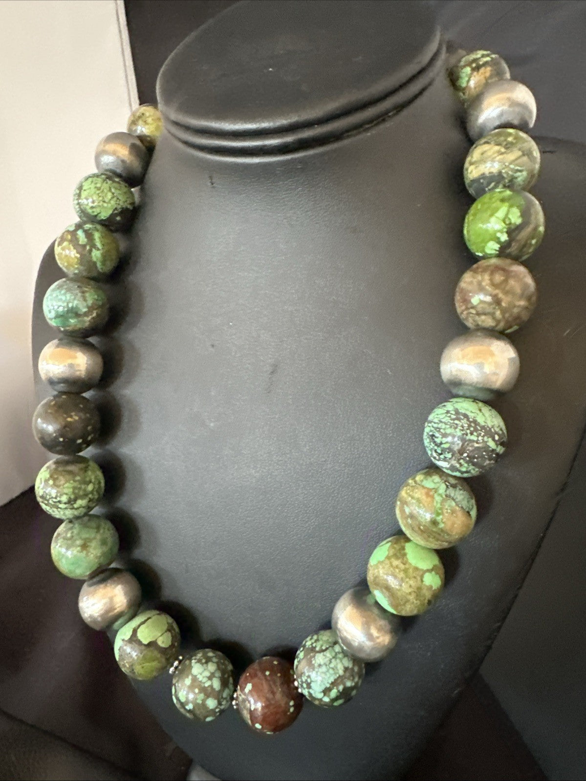 18mm Green Turquoise Round Navajo Pearls Sterling Silver Necklace 21" 19145