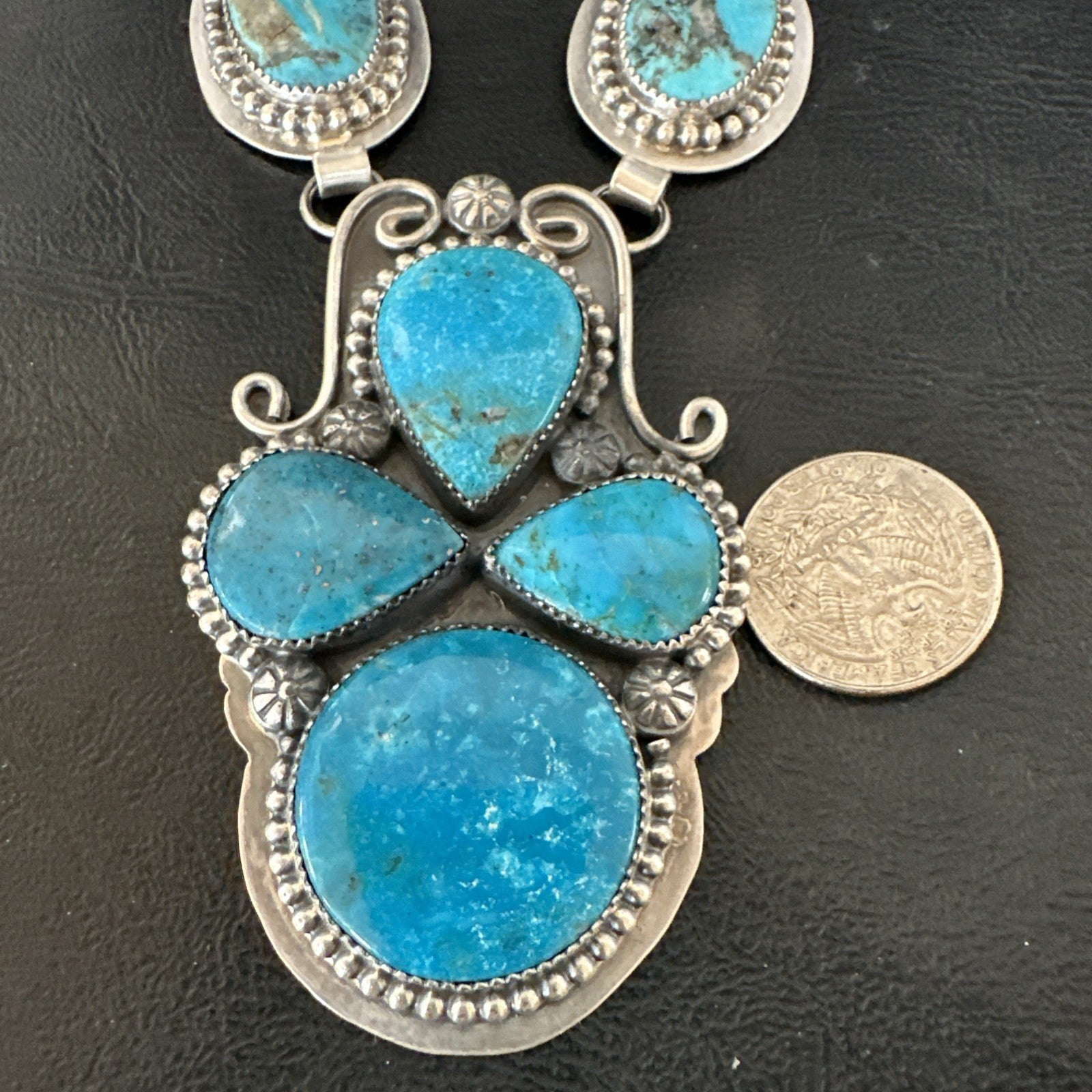 XXL Vintage Kingman Turquoise Navajo Sterling Silver Lariat Necklace 33” 19632
