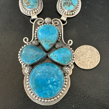 XXL Vintage Kingman Turquoise Navajo Sterling Silver Lariat Necklace 33” 19632