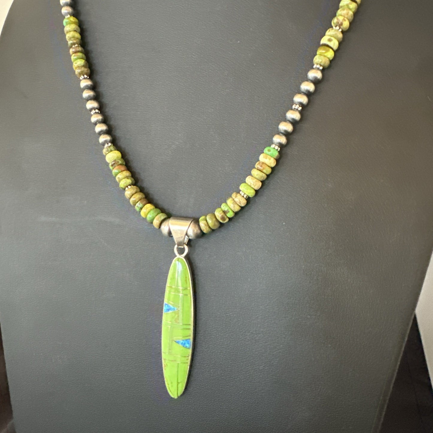 Womens Green Gaspeite Turquoise Opal Pendant Sterling Silver Necklace 19549