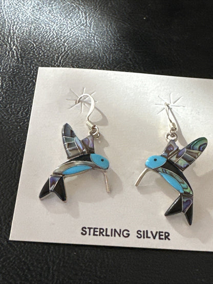 Blue Turquoise Pava Shell Sterling Silver Hummingbird Dangle Earrings 19814
