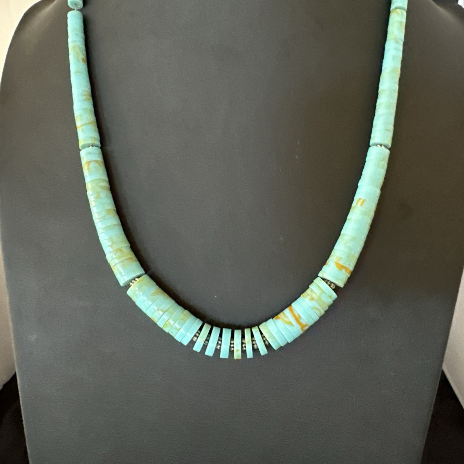 23” Turquoise Heishi Stabilized Graduated Blue Gr Sterling Silver Necklace 19726