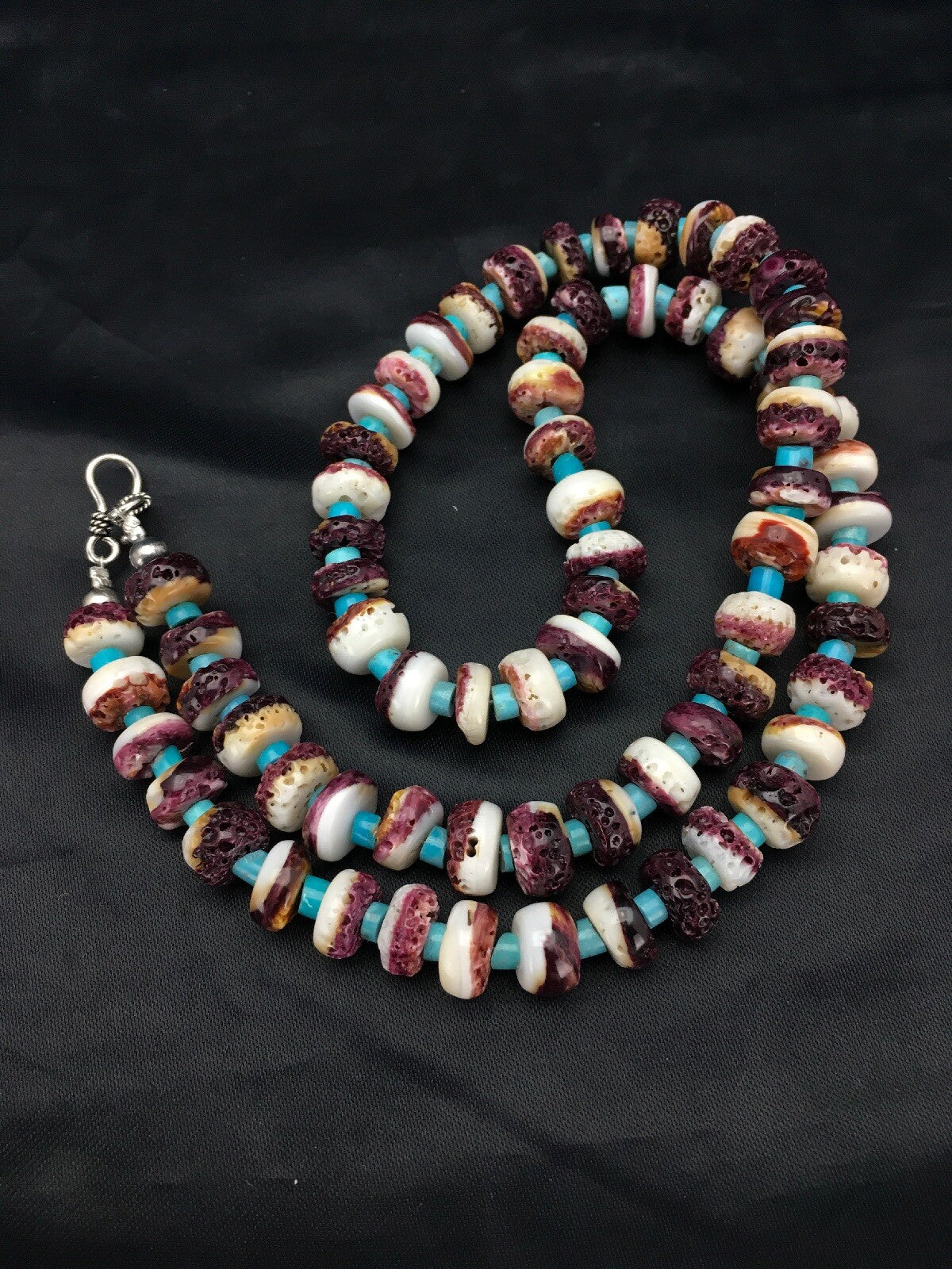 Purple Spiny Oyster & Turquoise Navajo Sterling Silver Bead Necklace 02617