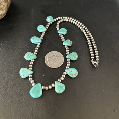 20in Teardrop Navajo Pearls Sterling Silver Blue Turquoise Necklace 14733