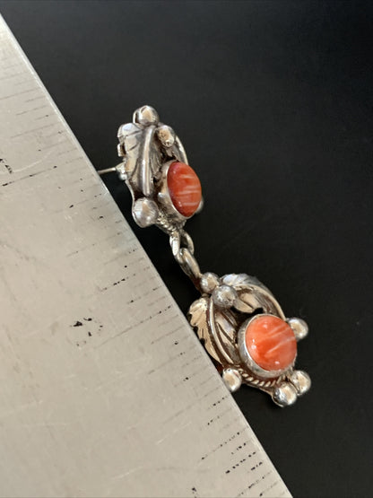 Red Spiny Oyster Southwestrn Navajo Sterling Silver Dangle Earring 02065