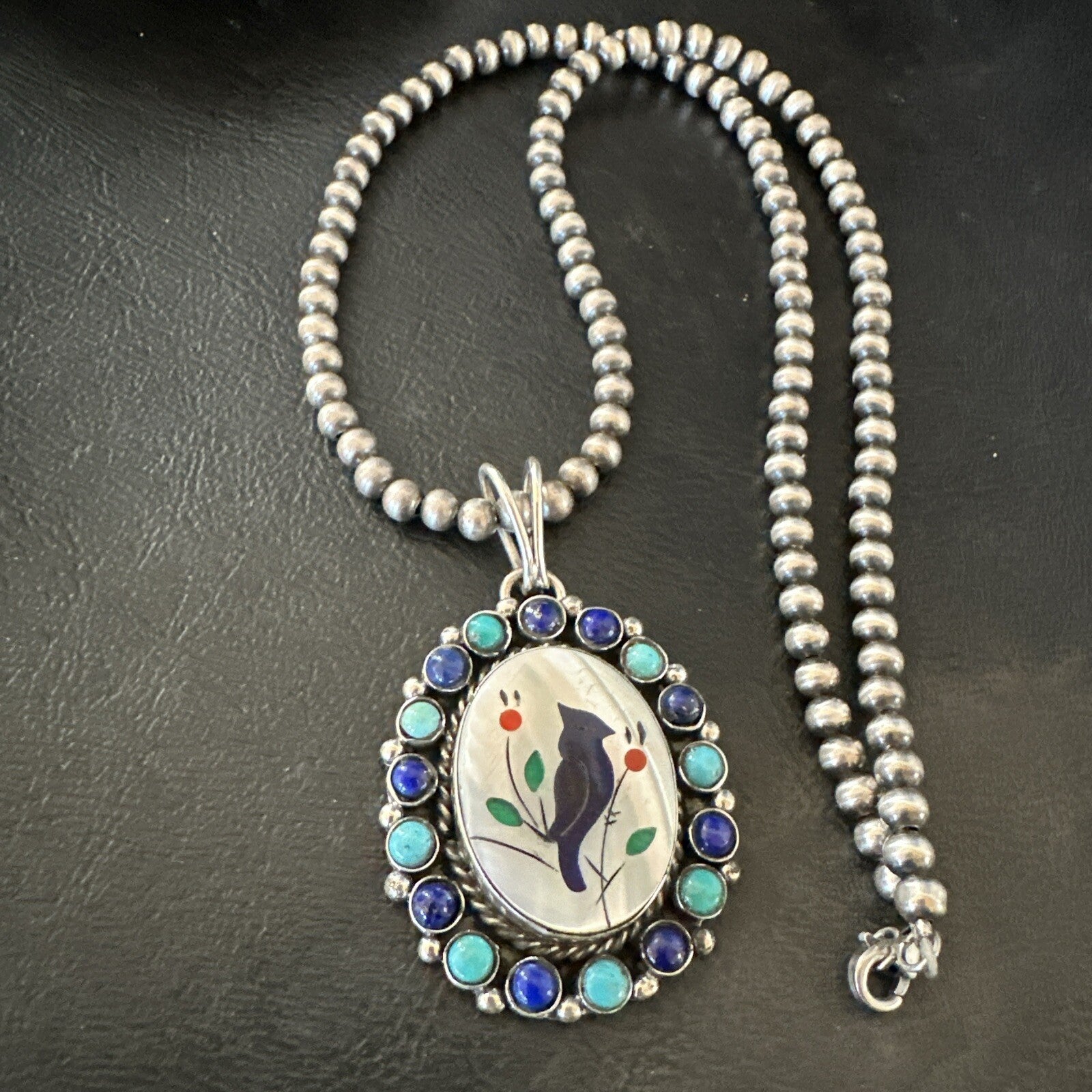 Blue Turquoise Black Onyx Inlay Pendant Sterling Silver Necklace 20�17926