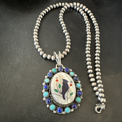 Blue Turquoise Black Onyx Inlay Pendant Sterling Silver Necklace 20�17926