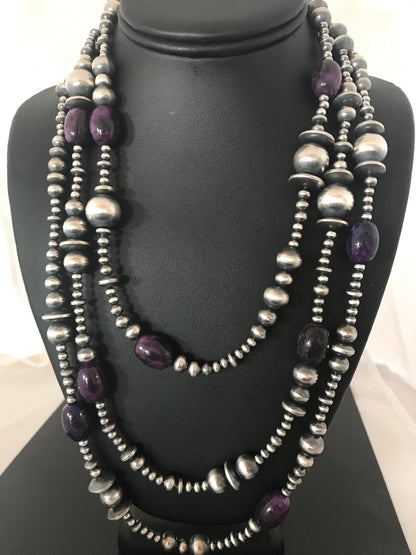 Native Long Navajo Pearls Sterling Silver Purple Stone Bead Necklace 70" 08052