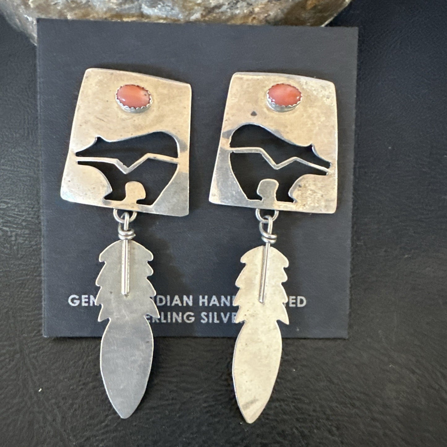 Old Pawn Pink Coral Navajo Sterling Silver Dangle Bear Feather Earrings 2” 19084