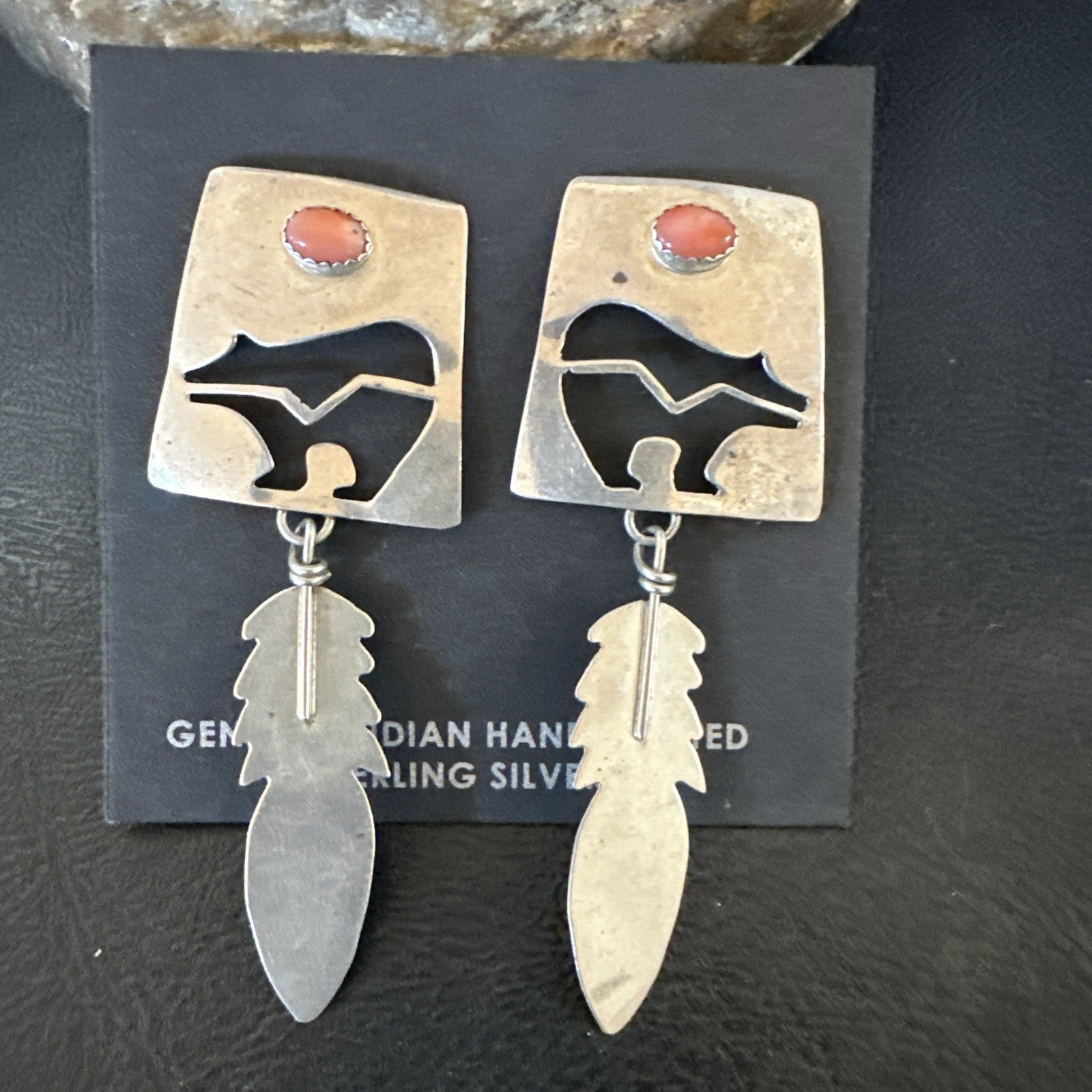 Old Pawn Pink Coral Navajo Sterling Silver Dangle Bear Feather Earrings 2” 19084